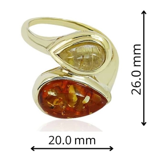New! Genuine Baltic Amber & Rutilated Quartz 14K Gold Plated 925 Silver Ring - Picture 5 of 5